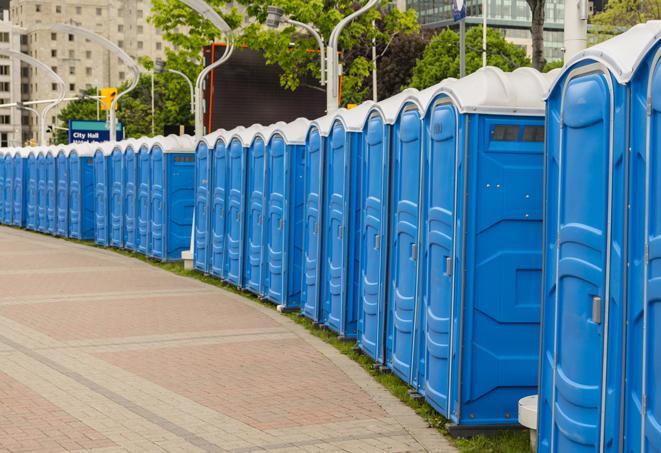 a line of portable restrooms set up for a wedding or special event, ensuring guests have access to comfortable and clean facilities throughout the duration of the celebration in Ben Lomond